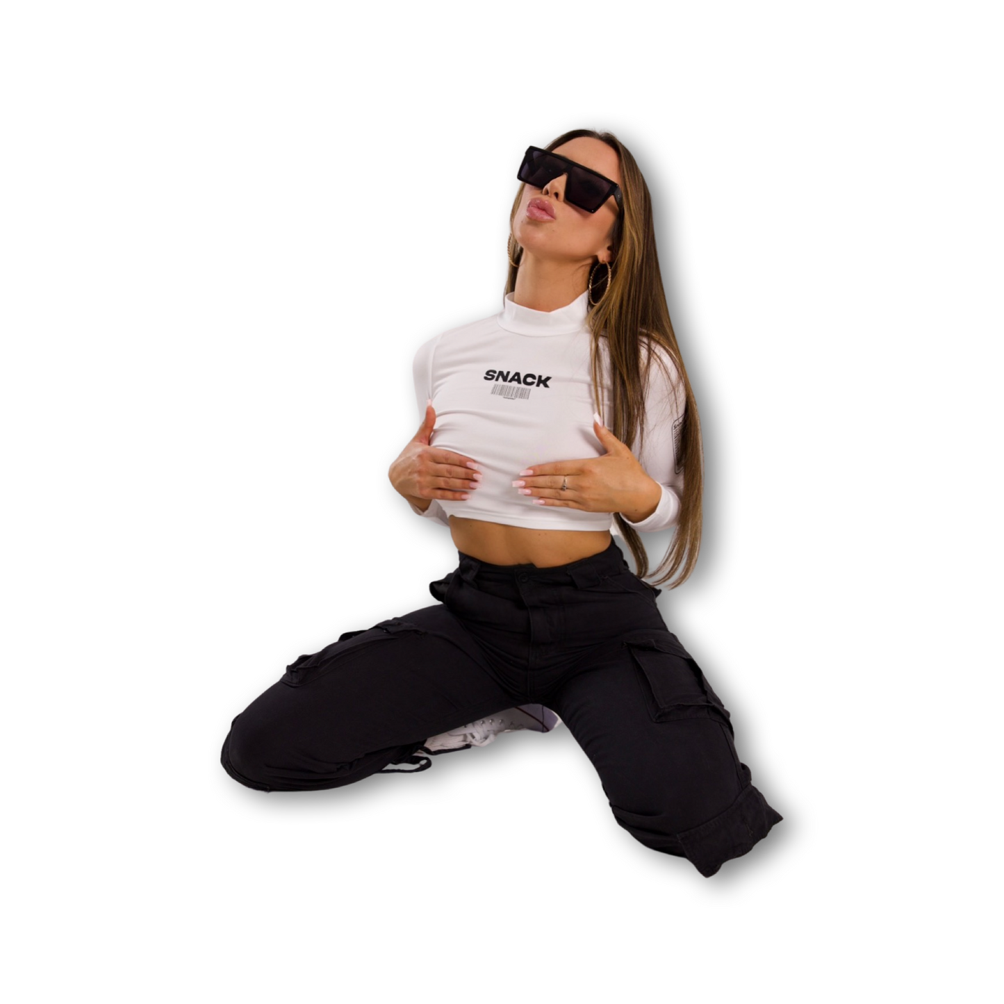 Sierra Snacks - Women's Long Sleeve Mock Neck White Crop Top